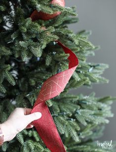 a hand holding a red ribbon on top of a christmas tree