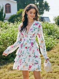 Blooming Beauty: Ladies Long Sleeve Floral Print Dress Spring Chiffon Long Sleeve Dress, Flowy Long Sleeve Dresses For Garden Party, Long Sleeve Chiffon Dresses For Spring, Chiffon Long Sleeve Dresses For Spring, Long Sleeve Chiffon Dress For Brunch, Flowy Long Sleeve Dress For Spring, Flowy Long Sleeve Brunch Dress, Long Sleeve Chiffon Floral Dress, Chic Long Sleeve Chiffon Dress