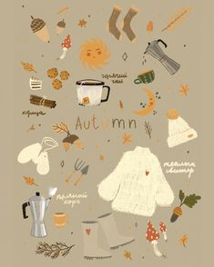 an autumn poster with the words autumn written on it and various items in front of it