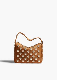 SMALL ELENA HANDBAG IN PEBBLED NOUGAT LEATHER WITH STUDS FRONT VIEW Chic Rectangular Bags With Rivets, Rectangular Studded Shoulder Bag For Everyday Use, Everyday Use Rectangular Studded Shoulder Bag, Everyday Rectangular Studded Shoulder Bag, Elegant Evening Shoulder Bag With Rivets, Chic Rectangular Studded Bag, Luxury Evening Shoulder Bag With Rivets, Designer Evening Bags With Rivets, Elegant Rectangular Studded Shoulder Bag