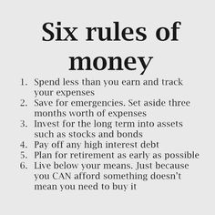 the six rules of money is shown in black and white, with text on it