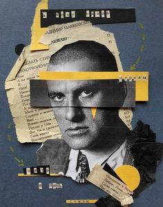 a collage of torn newspaper and paper with a man's face