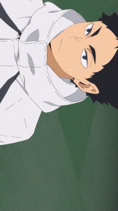 an anime character with black hair wearing a white shirt looking up at something in the air