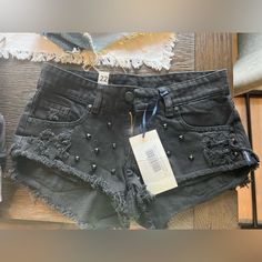 Never Worn New With Tags! Has Cute Black Studs On Them! Size 22 Trendy Cotton Shorts For Night Out, Fitted Cotton Jean Shorts For Night Out, Trendy Cotton Jean Shorts For Night Out, Edgy Fitted Cotton Jean Shorts, Punk Style Cotton Jean Shorts, Black Punk Jean Shorts For Spring, Black Denim Punk Shorts, Cotton Punk Bottoms For Night Out, Black Denim Shorts For Night Out