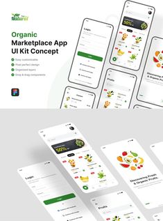 the website design for organic marketplace app ui kit concept is shown in white and green colors