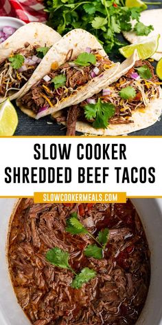 slow cooker shredded beef tacos in a white bowl with limes and cilantro