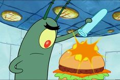 a cartoon character holding up a knife to a hamburger with fire coming out of it