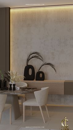 an elegant dining room with white chairs and table