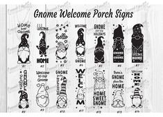 gnome welcome porch signs are shown in black and white