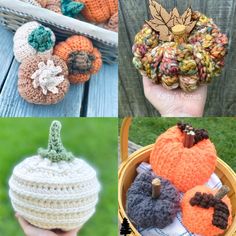 crocheted pumpkins are shown in four different pictures, including one with leaves on it