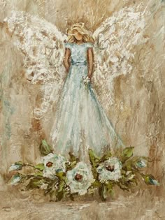 an angel painting with white flowers in the foreground