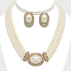 Rhinestone Trimmed Cream Pearl Necklace Set Pearl Jewellry, Long Crystal Earrings, Pearl Necklace Set, Pearl Necklace Earrings, White Pearl Necklace, Pearl Cream, Fashion Jewelry Sets, Pearl Crystal, White Necklace