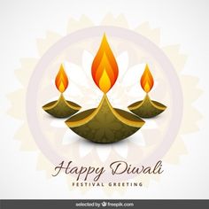 happy diwali festival greeting card with three lit candles in the middle and an ornate design