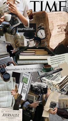 a collage of magazines and newspapers with people around them