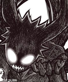 a black and white drawing of a demon with glowing eyes