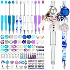 a collection of different types of christmas decorations and pens with snowmen on the top