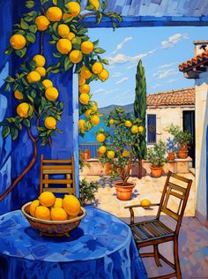 an oil painting of oranges on a table in front of a blue wall and window