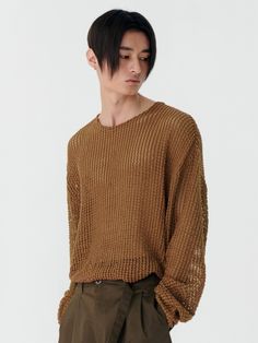 Editor's NotesCrochet-knitted like rattan weaving, this loose cropped sweater is versatile for layering over t-shirt or solo. It's ideal to wear till hot Summer days.- Round neck- Dropped shoulder - Cropped length- Oversized fitMeasurements (in.) S / M / L- Total Length: 24.0 in. / 24.8 in. / 25.6 in.- Shoulder: 23.2 in. / 24.0 in. / 24.8 in.- Chest: 23.2 in. / 24.2 in. / 25.2 in.  - Sleeve Length: 22.0 in. / 22.4 in. / 22.8 in. Model info:- Man 1: 6' 2.0 / Fitting size Outer L, Top L, Bottom 48(+1.2)- Man 2: 5' 11.7 / Fitting size Outer L, Top L, Bottom 48(+1.2) - Man 3: 6' 0, 147.7 lbs / Fitting size LComposition & Care- 60% Polyester, 35% Cotton, 5% Spandex- Recommend hand wash- Do not tumble dry- Machine wash inside out using laundry net - Refer to the care labelDesigner- by MARTIN Relaxed Fit Textured Knit Cropped Sweater For Layering, Oversized Open Knit Crochet Top For Fall, Brown Open Knit Crew Neck Sweater, Trendy Brown Open Knit Sweater, Chunky Knit Relaxed Fit Top, Summer Cropped Sweater With Crew Neck And Open Knit, Summer Cropped Sweater With Open Knit And Crew Neck, Relaxed Fit Chunky Knit Top, Casual Oversized Knitted Cropped Sweater