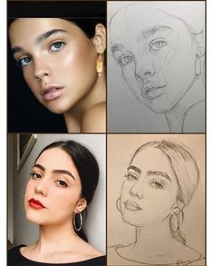 four different pictures of women's faces in various stages of drawing and penciling