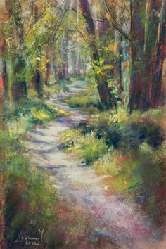 a painting of a path in the woods