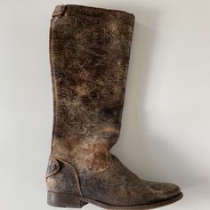 Stylish Distressed Boot Good Used Condition Slight Leather Cracking Near Upper Part On Boot Back Zipper And Top Button Closure Heel Height: 1 Inch Shaft Height : 14 Inches Distressed Leather Boots, Frye Shoes, Distressed Leather, Shoes Heels Boots, Chocolate Brown, Shoes Women Heels, Leather Boots, Heeled Boots, 1 Inch