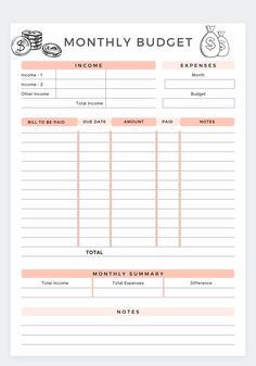 a printable budget sheet with the words,'money budget'and an image of coins