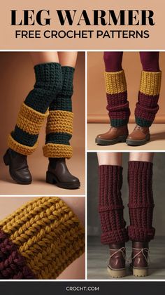 the legs and leg warmers are knitted in different colors, with text overlaying