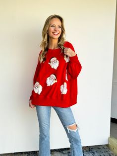 Add some sparkle and fun to your holiday wardrobe with our Red Sequin Santa Sweatshirt! This oversized sweatshirt features a fuzzy santa beard and is adorned with sparkly sequins. Perfect for the Christmas season, this unique sweatshirt will make you stand out and spread some holiday cheer. Sequin santa long sleeve Red sweatshirt Runs true to size, comfortable fit Perfect for Christmas festivities! Casual Festive Sweatshirt For Fall, Casual Fall Festive Sweatshirt, Festive Long Sleeve Cotton Sweater, Festive Long Sleeve Fall Sweatshirt, Casual Christmas Sweater With Relaxed Fit, Relaxed Fit Holiday Sweatshirt For Fall, Winter Holiday Relaxed Fit Tops, Casual Long Sleeve Holiday Sweatshirt, Winter Holiday Tops With Relaxed Fit