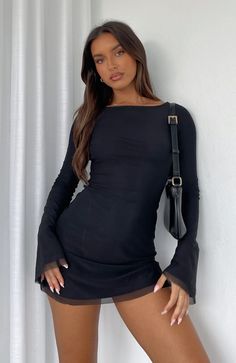 Excuse Me Miss Long Sleeve Mini Dress Black | White Fox Boutique US Fall Dresses Birthday, Birthday Fit Aesthetic, Backless Tie Dress, Mini Dresses With Sleeves, Going Out Outfits With Boots, Winter Outfits For Going Out, 22 Birthday Dress, Halloween Outfits Black, Bday Outfits