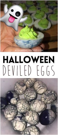 halloween deviled eggs with text overlay