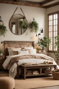 a bedroom with a bed, mirror and plants on the wall