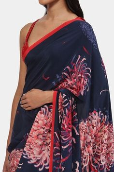 Royal blue crepe saree with all over contrast pink botanical print and tonal stone embellished highlights. Comes with running blouse piece. - Aza Fashions Silk Pre-draped Printed Saree, Blue Blouse With Printed Motifs, Blue Silk Blouse Piece With Printed Motifs, Blue Pre-draped Saree With Printed Border, Blue Floral Pre-draped Georgette Saree, Blue Floral Print Pre-draped Georgette Saree, Traditional Printed Pre-draped Saree, Satya Paul, Pink Botanical