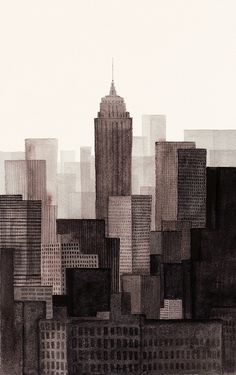 an artistic drawing of a cityscape with skyscrapers in black and white colors