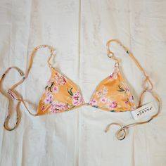 Orange L.A. Hearts Swim Top Orange Small Nwt Orange With Pink And White Flower Design (Carnations), Gold Washers On Straps. Pacsun Bathing Suits, Navy Blue Bikinis, Pacsun Swim, Swimming Bathing Suits, Swim Wear, Swim Top, White Flower, Pacsun, Flower Design