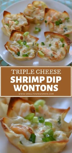 three different types of shrimp dip wontons on a white plate with text overlay