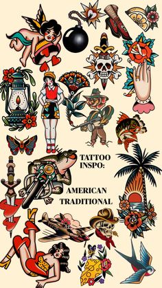 an old school tattoo flash sheet with various tattoos and designs on the back of it