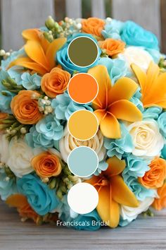 a bridal bouquet with orange and blue flowers