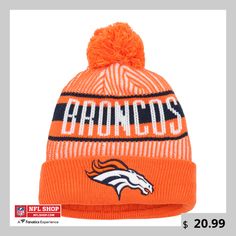 Every Denver Broncos fan needs gear for all types of weather. Make sure your kiddo is prepared for the cooler months with this Striped cuffed knit hat from New Era. The pom on top adds a touch of fun, and the Denver Broncos logo instantly highlights their unrivaled passion. Pair this cozy cap with a sweater or hoodie for a stylish winter look this season. Denver Broncos Logo, Broncos Logo, Broncos Fans, Sneaker Dress Shoes, Quilted Coverlet, Name Gifts, Luxe Gifts, Denver Broncos, Knit Hat