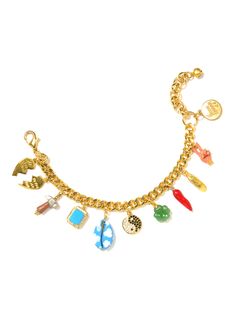 Good luck comes in many forms - like our fun Lady Luck Bracelet! Featuring all your favorite lucky charms: chili pepper, surfboard, peace sign, and clover, and more, this piece is sure to bring a bit of luck to every day. 6" Gold plated brass bracelet 1.5" extension Lobster clasp closure Pave rhinestone charms Handpainted charms Handmade in New York City and Puerto Rico. Due to the handmade nature of our products, some charms may vary in color and style or be replaced if unavailable. Please allo Good Luck Charms Bracelet, Adjustable Good Luck Charm Bracelet, Lady Luck, Funky Design, Jewelry Boards, Brass Bracelet, Lucky Charms, Day 6, Chili Pepper