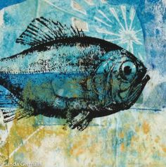 a painting of a fish on a blue and yellow background