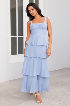 Length from bust to hem of size S: 120cm. Chest 39cm, Waist 33cm, across front only of size S. Maxi dress. Lined. Model is a standard XS and is wearing XS. True to size. Non-stretch. Embroidered neckline and shoulder straps with white ribbon. Tiered frill skirt. Tie up back. Textured fabrication. Zipper with hook eye closure. Cold hand wash only. Cotton/Polyester. A gorgeous style taking you from a fancy brunch to sunset dinners. The Ocean Spray Maxi Dress features an embroidered neckline with w Fancy Brunch, Frill Skirt, Gorgeous Style, Ocean Spray, Brunch Dress, Prom Shopping, Maxi Dress Wedding, Embroidered Neckline, White Ribbon