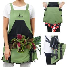 a woman wearing an apron with flowers in it and the back pocket is open to show her cooking utensils