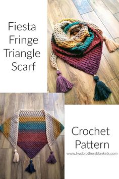 crochet fringe triangle scarf with tassels on the bottom and in the middle