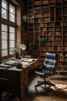 an office chair sitting in front of a desk with bookshelves and windows behind it