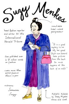 a drawing of a woman holding a pink purse and wearing a blue dress with words written below it