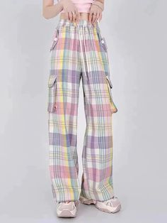 Cute Y2K Baggy Cargo Pants – Pastel Kitten Multicolor Cotton Y2k Bottoms, Baggy Plaid Wide Leg Bottoms, Plaid Baggy Wide Leg Bottoms, Baggy Plaid Wide Leg Pants, Casual Plaid Bottoms With Pockets, Spring Plaid Pants With Pockets, Plaid Cotton Pants For Streetwear, Trendy Plaid Cotton Pants, Multicolor Full-length Wide Leg Pants With Pockets