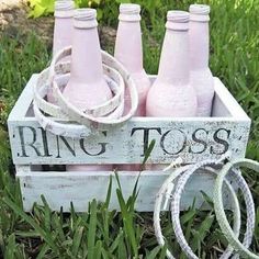 two pictures one with bowling pins and the other has pink bottles in it on top of a sign that says ring toss