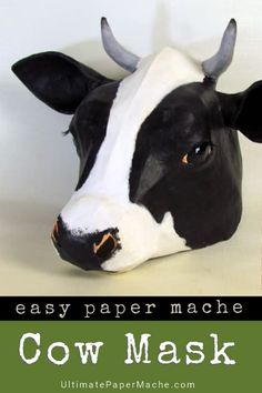 a cow mask with the words easy paper mache on it's face and head