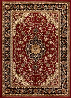 a red and black rug with an ornate design