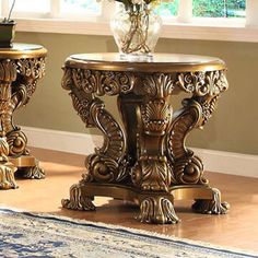 two tables with vases on top of them in front of a window and rug